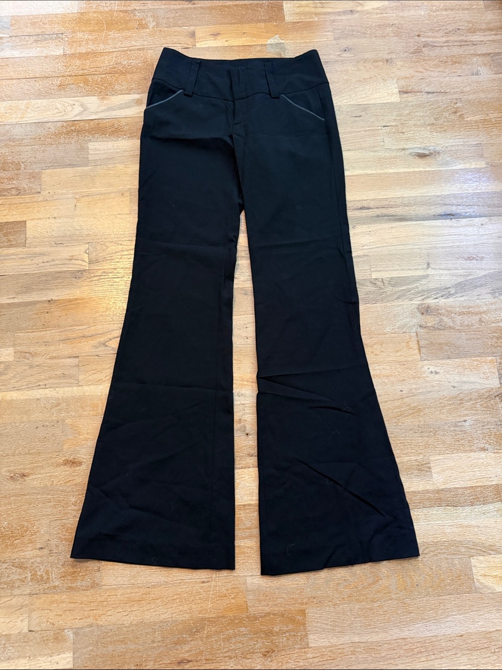 Alice + Olivia Black Boot-Cut Flare Pants with Front Pocket Trim